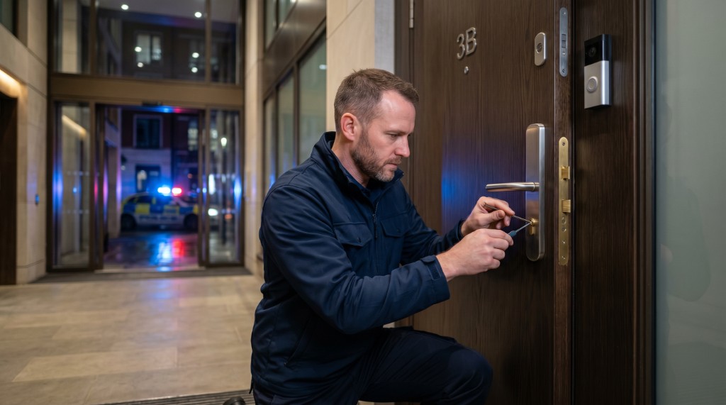 Serrurier d'urgence en intervention de nuit devant une porte d'appartement