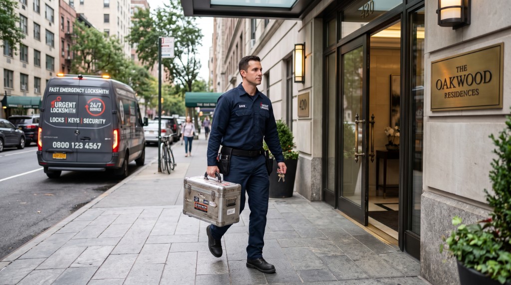 Serrurier d'urgence arrivant sur place avec caisse à outils professionnelle
